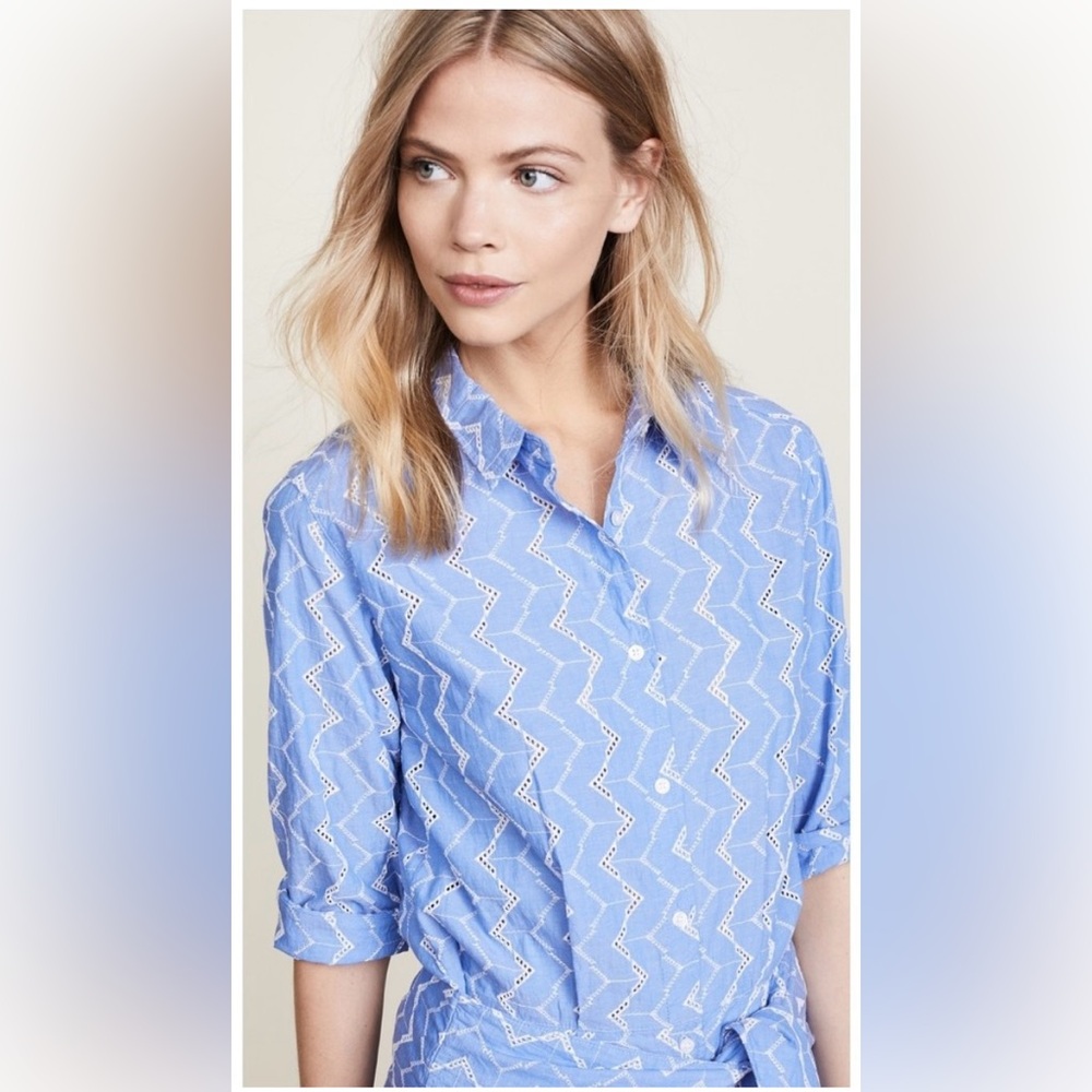 MKT Studio Blue Eyelet Embroidered Collared Tie Front Ritchi Shirt Dress Classic